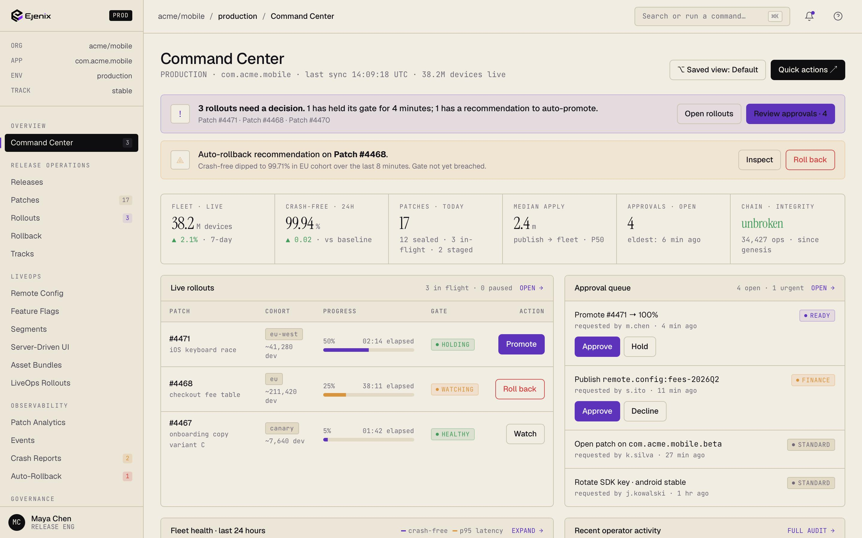 Ejenix Command Center &mdash; fleet health, in-flight rollouts, approval queue